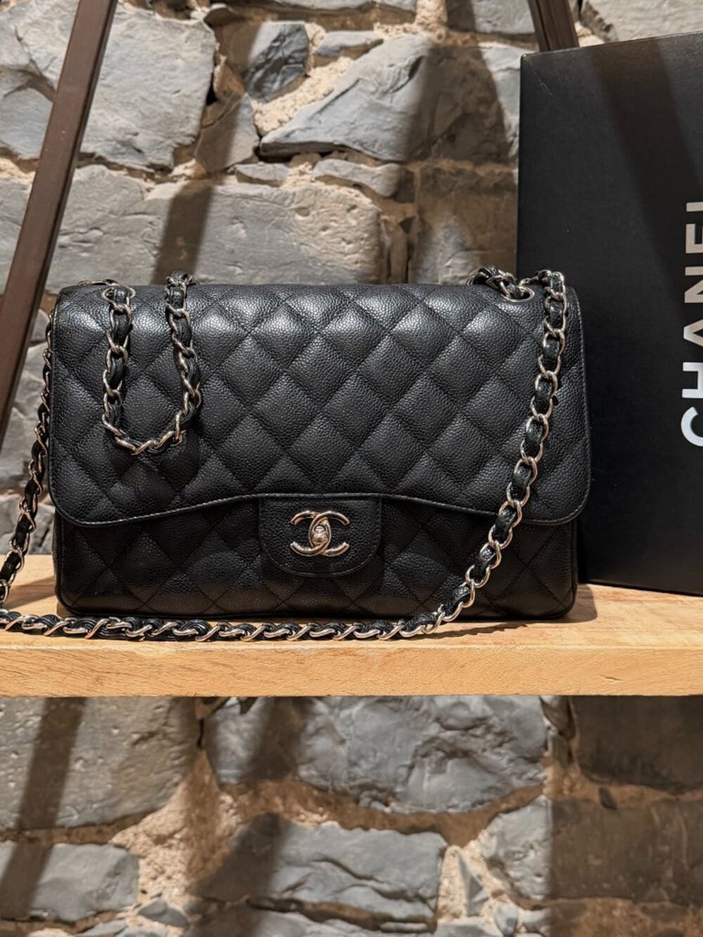 Chanel Black Caviar Jumbo Classique Double Flap Chain Bag